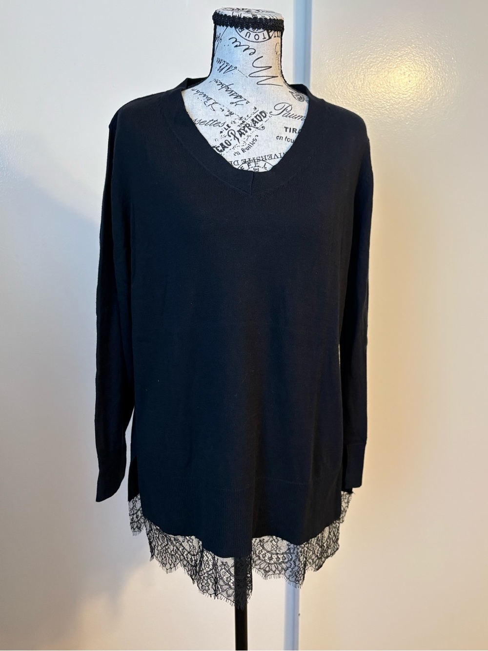 INC International Concepts Black V-Neck Tunic with Lace Hem